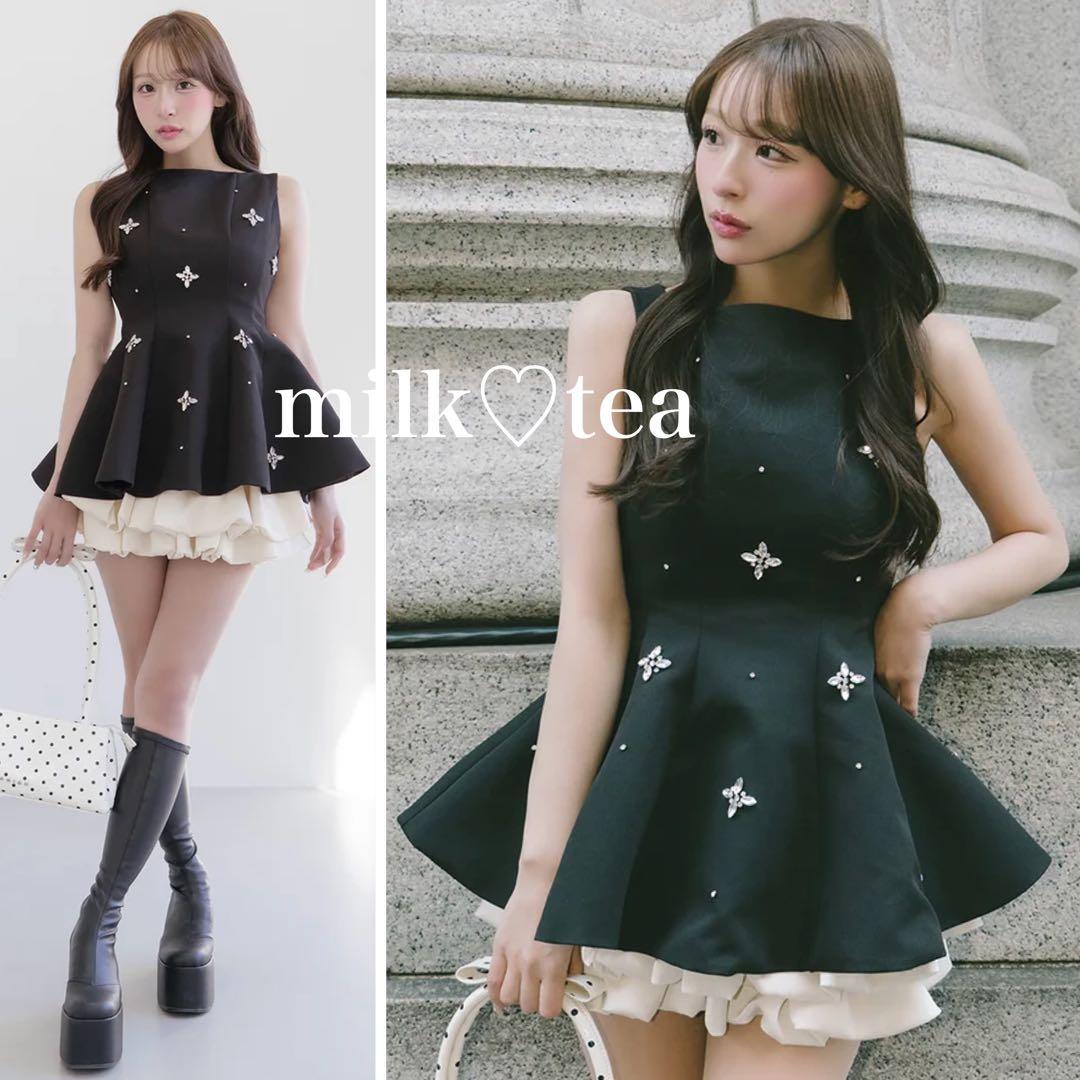 新品タグ付 ダーリッチ ビジューフレアバルーンミニドレス フリー ブラック