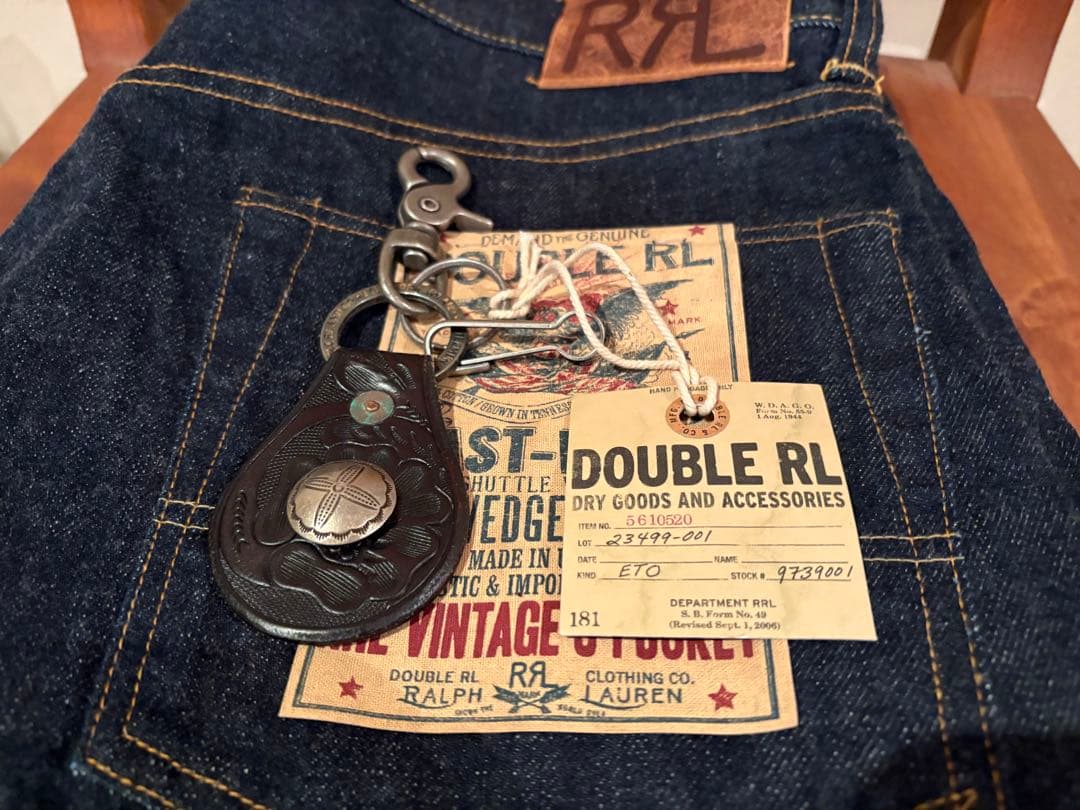 RRLレザーキーフォブ フック付き キーリング コンチョ カービングツールド