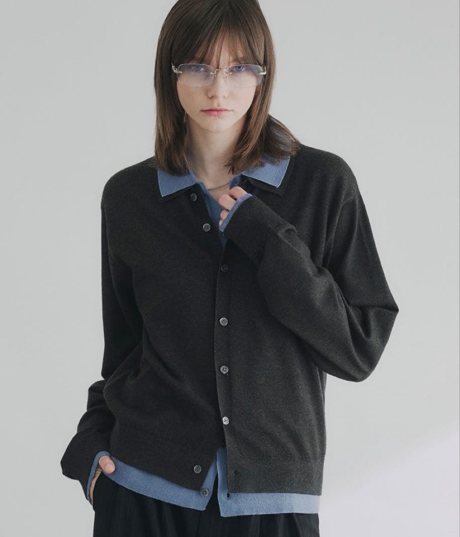 新品　selleglante レイヤードスタイルハイゲージニットシャツ　ブルー