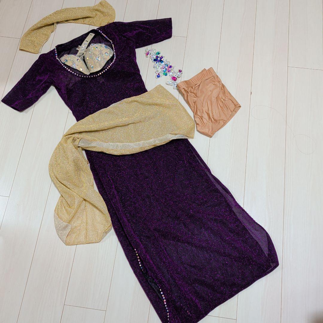 ベリーダンス サイーディドレス パープル グリッター+ゴールドヒップスカーフ