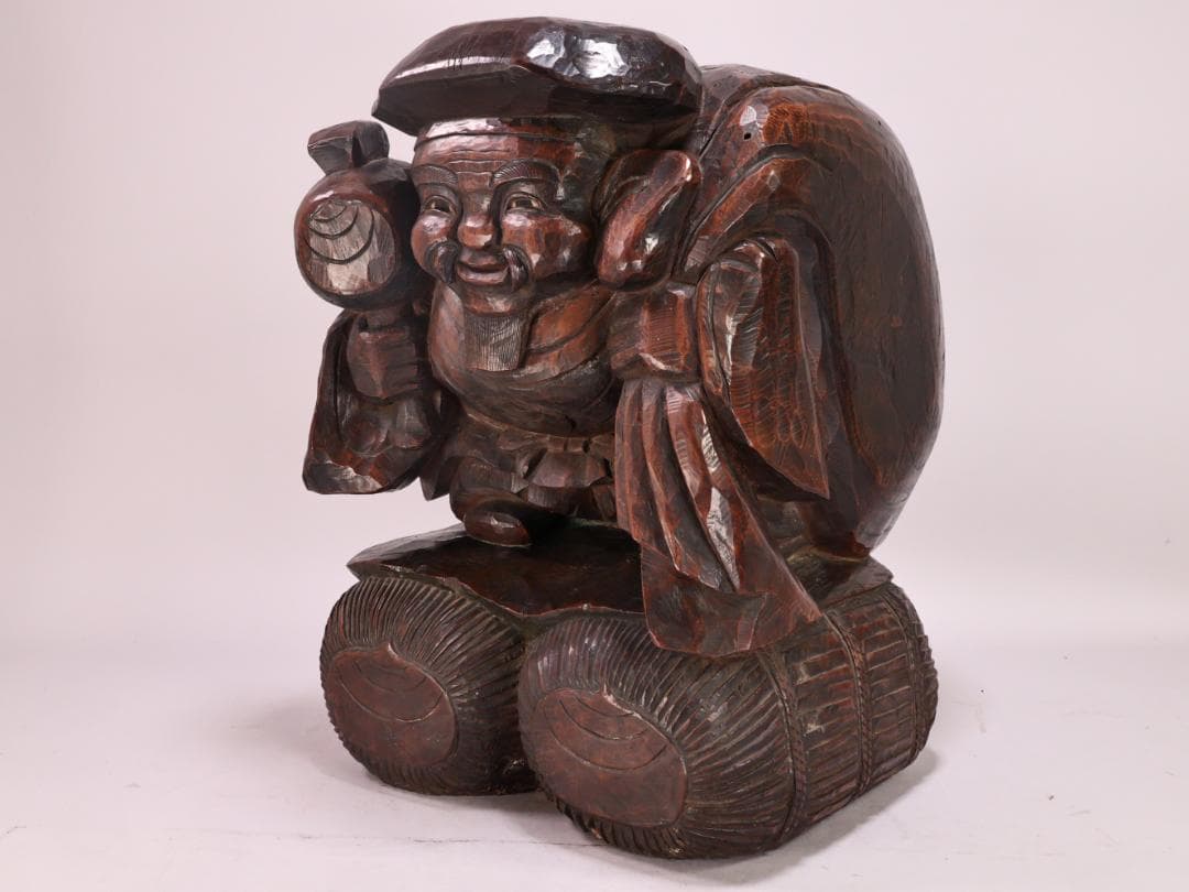 BK201　時代木彫　江戸期　大隅源義縄 作　恵比寿像　大黒像　玉眼　江戸ガラス