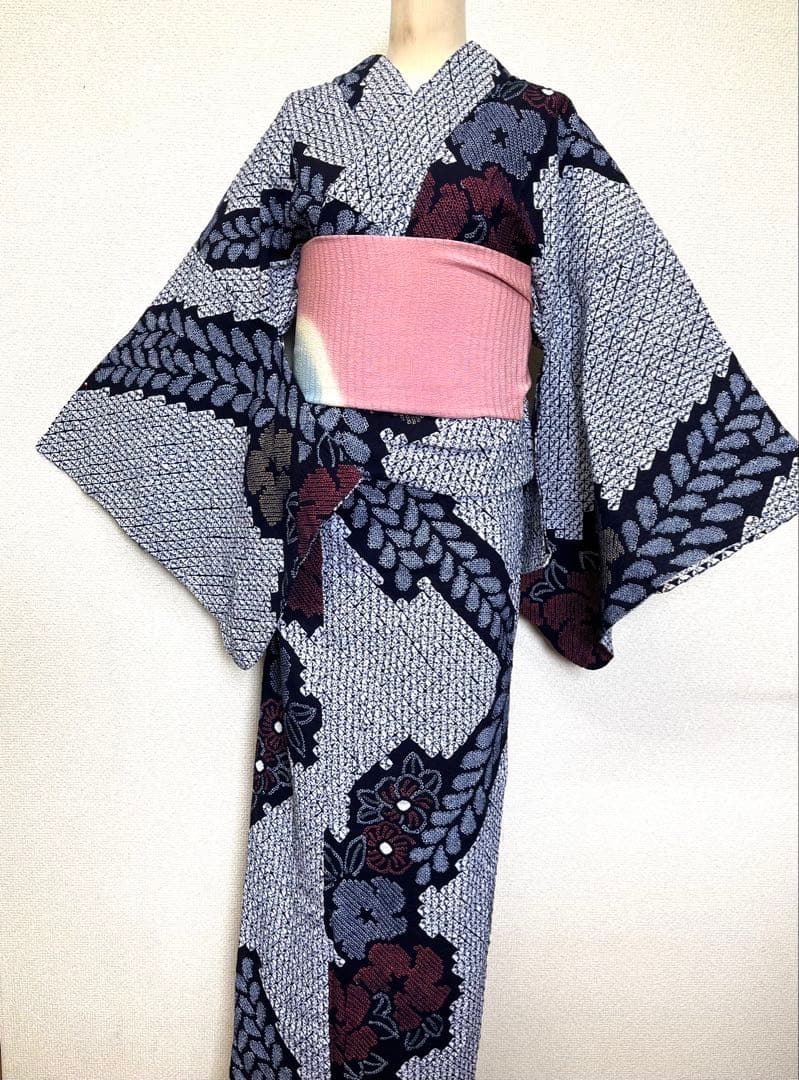 有松鳴海絞り　浴衣　Ｌ　大きいサイズ　藤と花　（210）