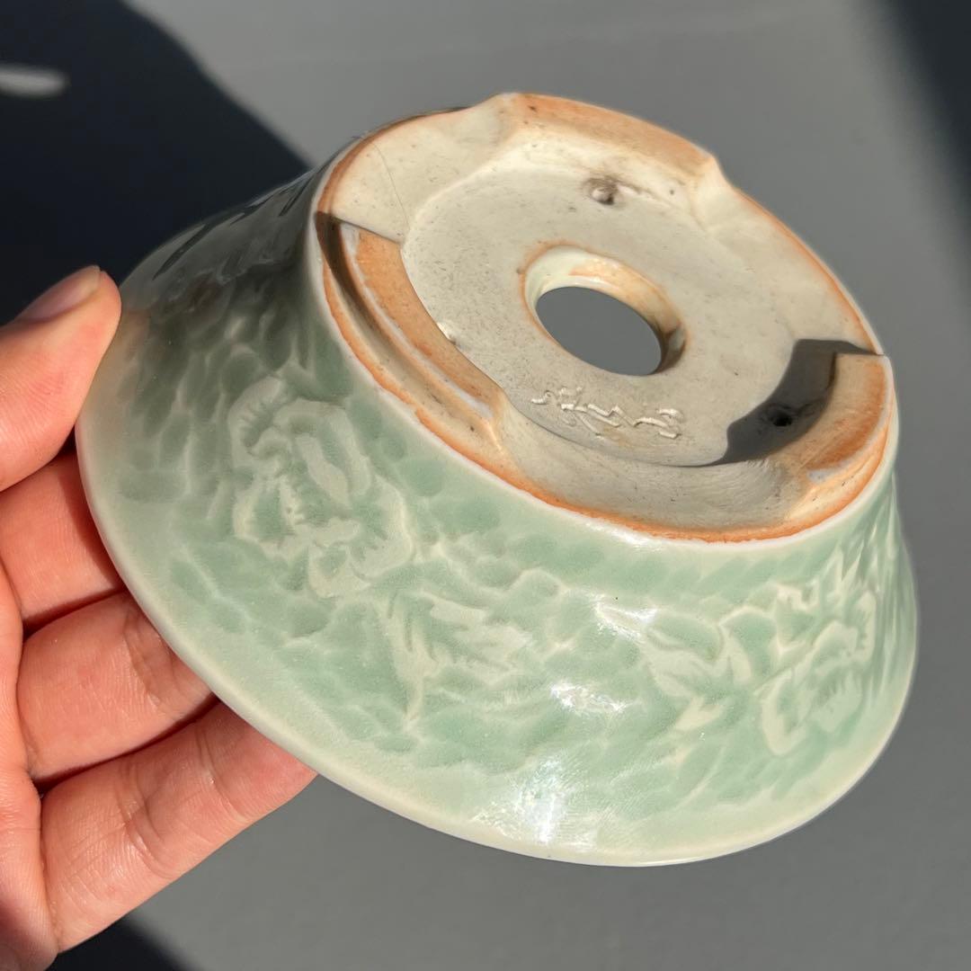 621.森山秀山 青瓷釉彫刻丸鉢 盆栽鉢 植木鉢 11.6*3.9cm