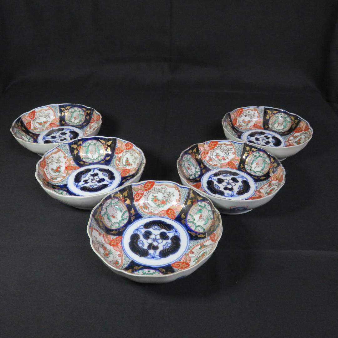 なます皿 古伊万里 5枚 色絵付 染付 江戸 松竹梅 梅と鶴 寶づくし 窯傷