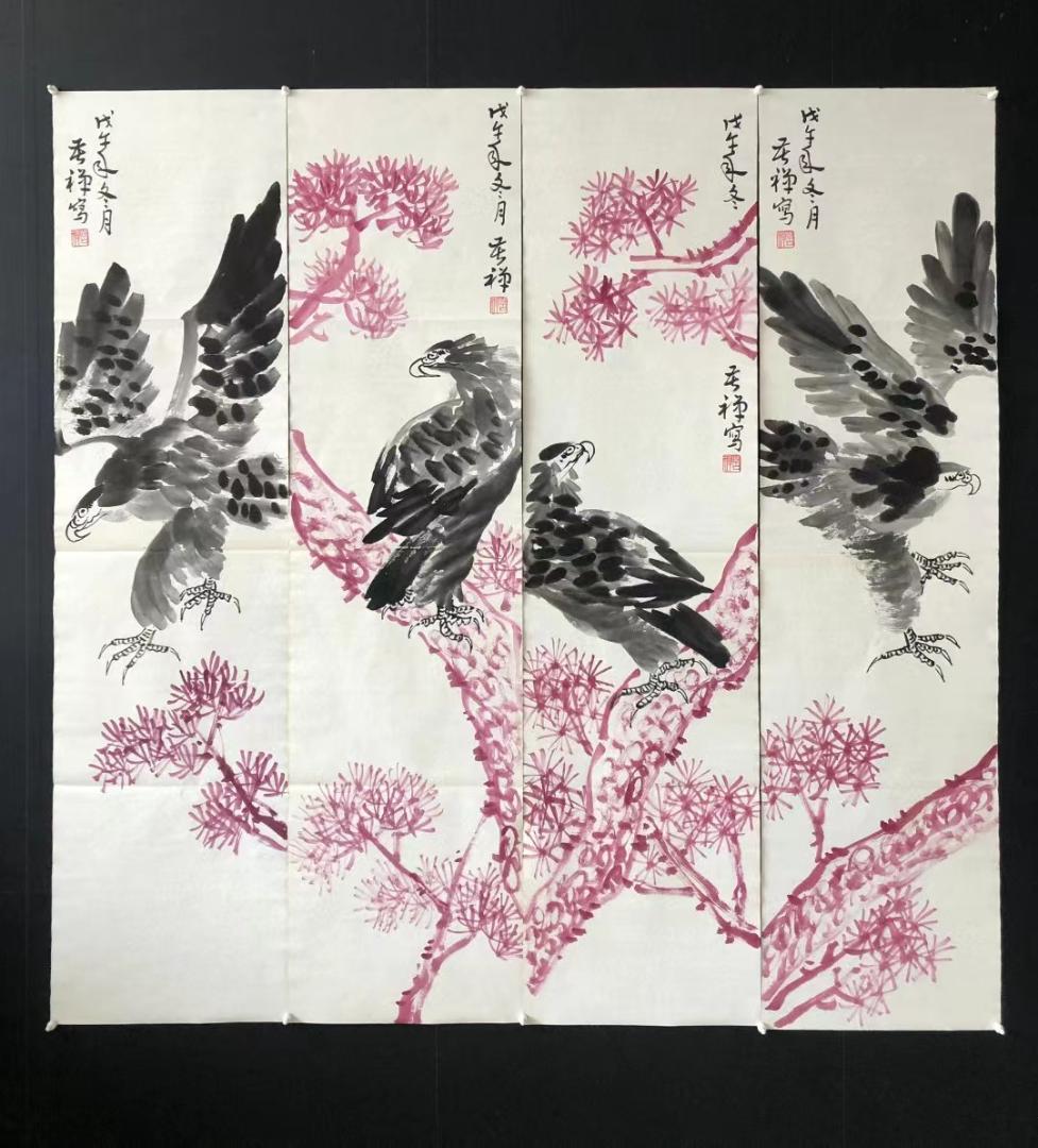 中国古美術・純手描き・四条屏・鹰画芯・国画・李苦禅印款・肉筆・宣紙・文房置物