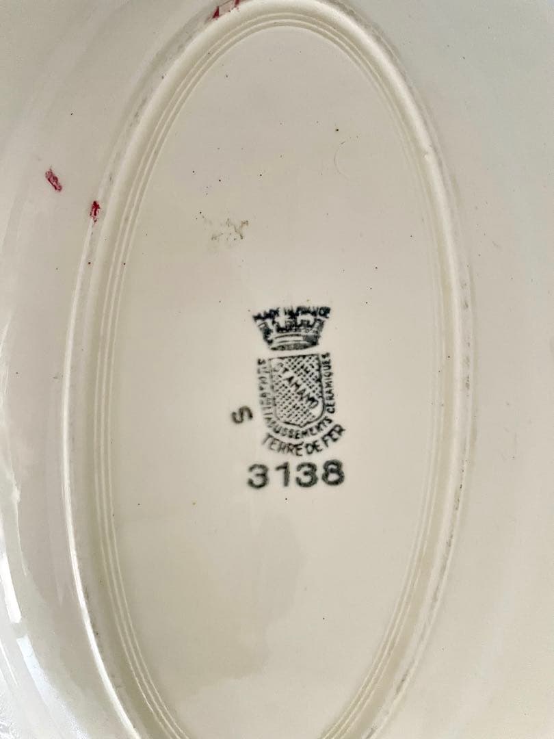 フランス アンティーク 赤い花柄のオーバルプレート