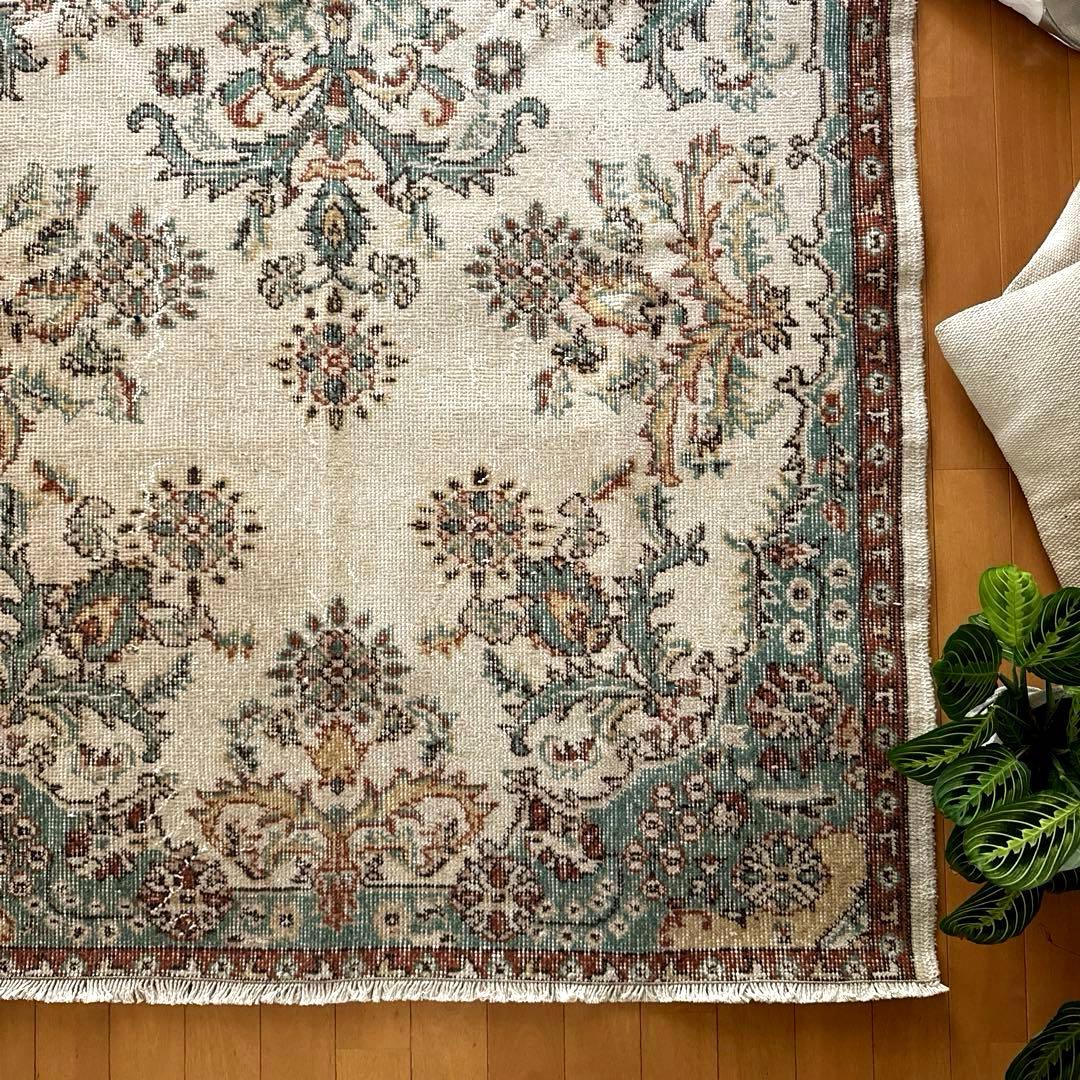 117×214 エメラルドグリーン　メダリオンボタニカル　トルコヴィンテージラグ