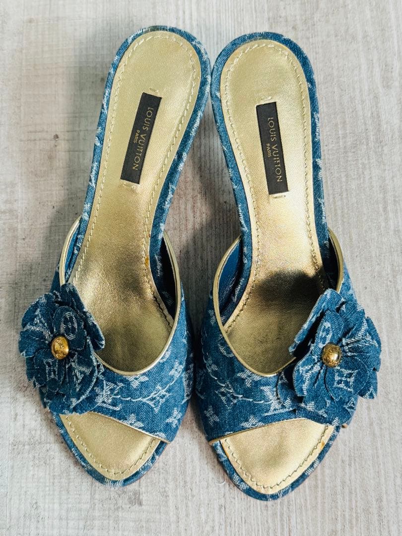 ■LOUIS VUITTON■替えヒール付き■デニム地モノグラムミュール■お花■