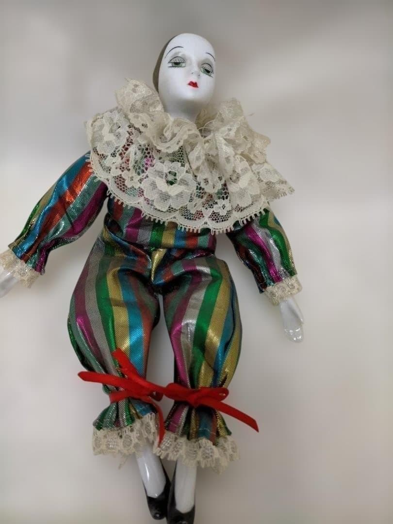 アンティーク　ヴィンテージ　虹色　ピエロ陶器人形　250702-8Y