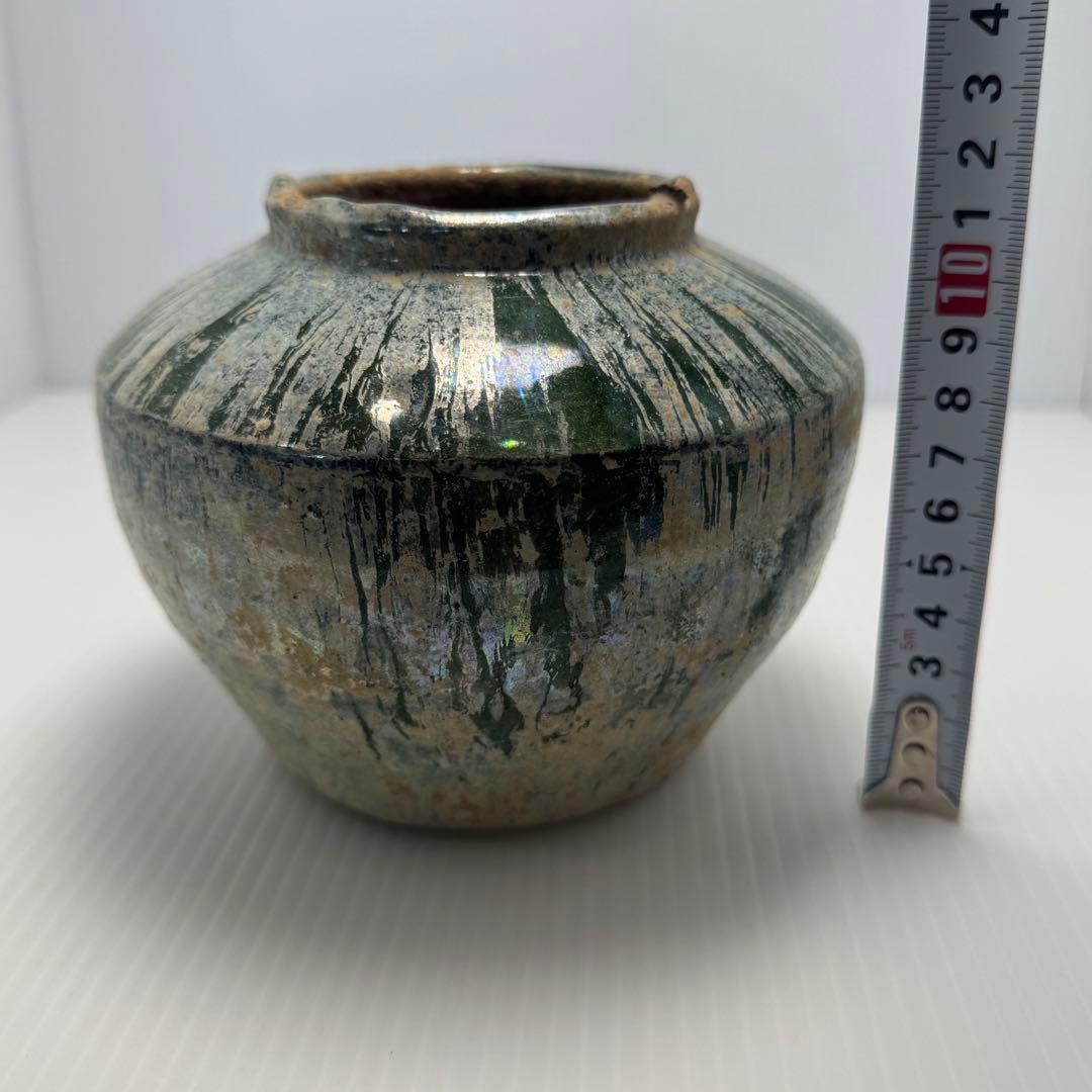 希少 中国 漢時代 漢緑釉 銀化小壺 壺 共箱付 土 泥 付き