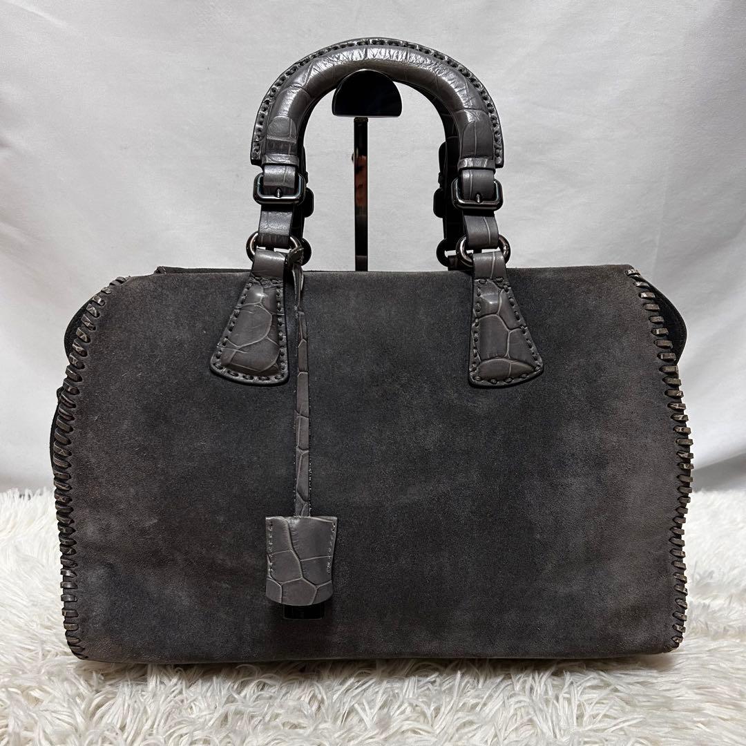 GIORGIO ARMANI スエード　クロコ型押し　ハンドバッグ　ミニボストン