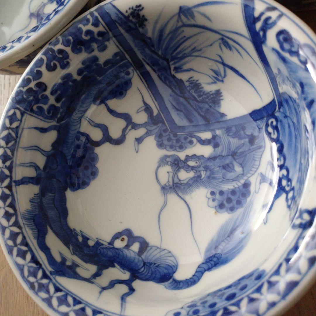 骨董　染付　龍　富士山　三つ組　入れ子鉢