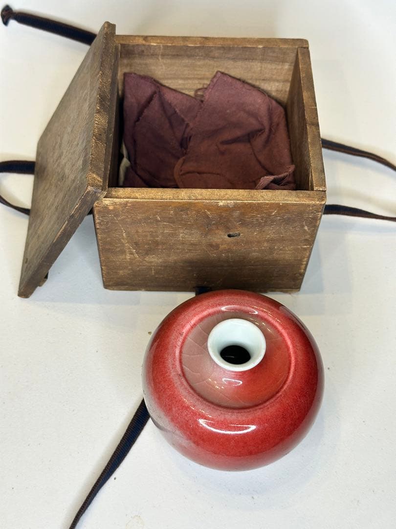 希少 清時代 大清康熙年製款 蘋果尊 朱釉 賞瓶 陶磁器 古美術 共箱 時代物