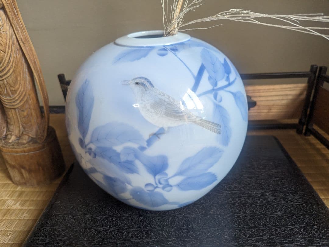 宮内庁御用達 深川製磁 有田焼 花瓶 官窯染付 鳥 白磁 藍絵 特大 花入共箱