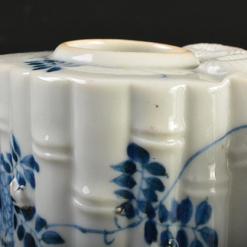 瀬戸焼　古瀬戸　書道具　染付　花鶴文　瓢箪形　筆洗　水盂　F　R7455