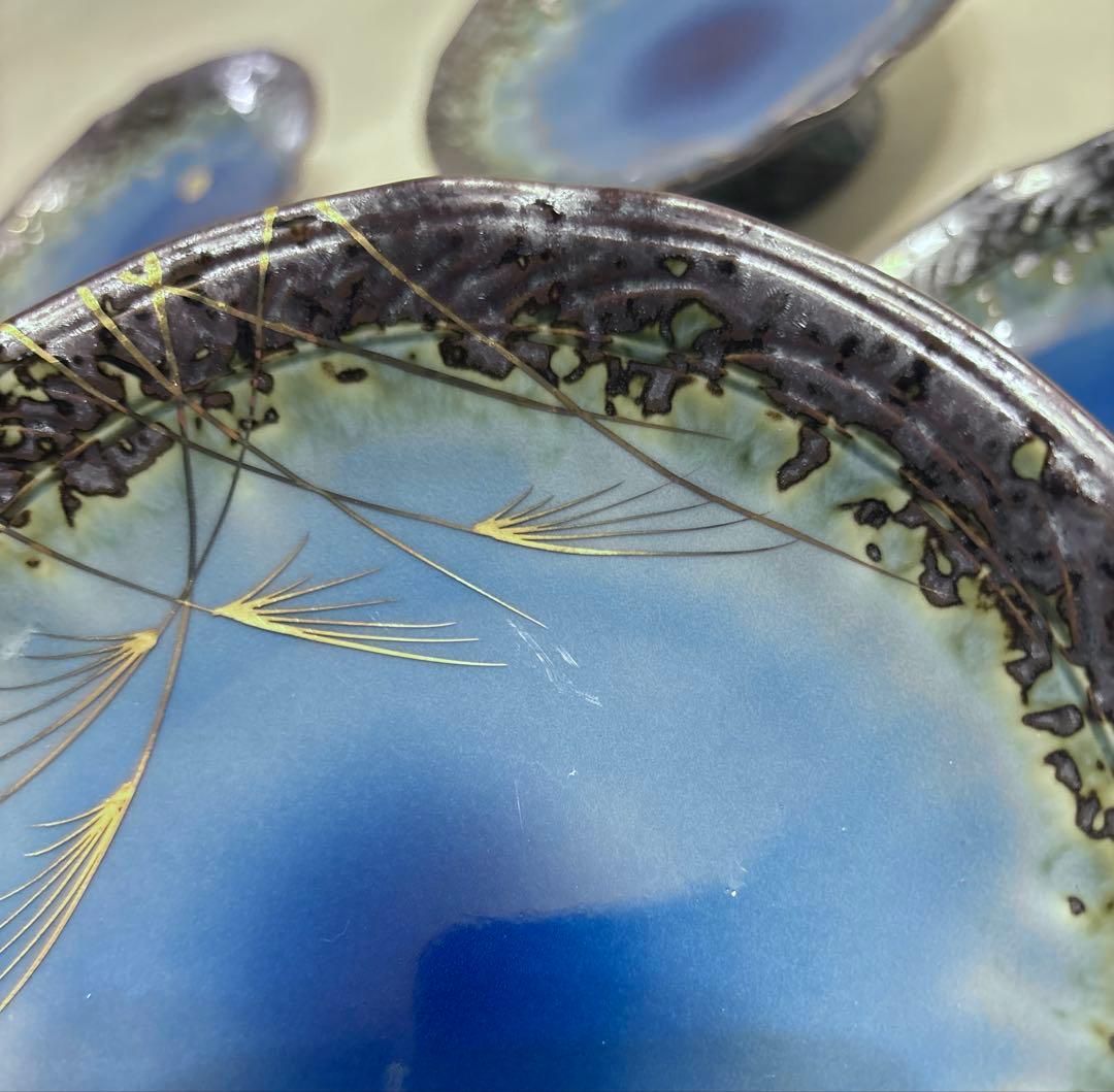 有田焼 堅窯 南蛮瑠璃 高台皿 5客 陶芸 南蛮ルリ 刺身皿 盛皿 ススキ 月見