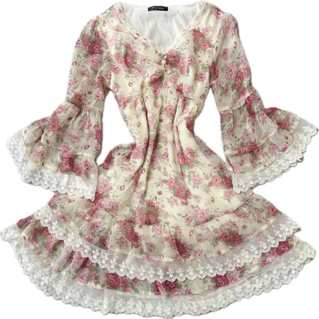 00s 希少LIZLISA系 花柄シフォンワンピース 段フリルレース姫袖 ローズ