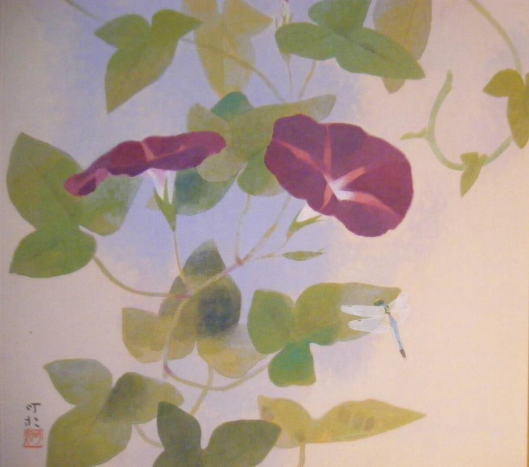 【真作】絵画　笠原可雄　日本画10号　朝顔　日展会友　名品　箱・黄袋入　Q103