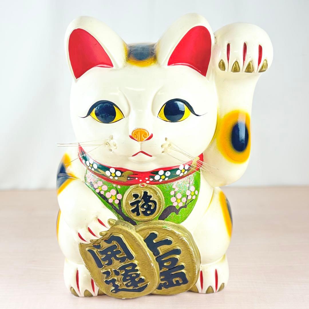 特大 招き猫 42cm 白猫 縁起物 左手上げ 商売繫盛 千客万来