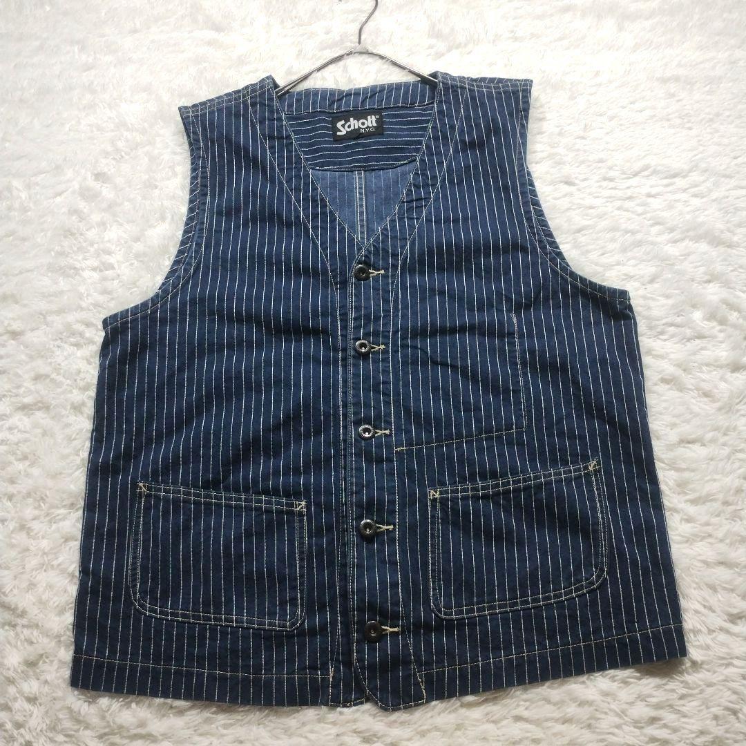 希少☆美品☆Schott　デニムベスト　ヒッコリー　ストライプ　XL　青　ブルー