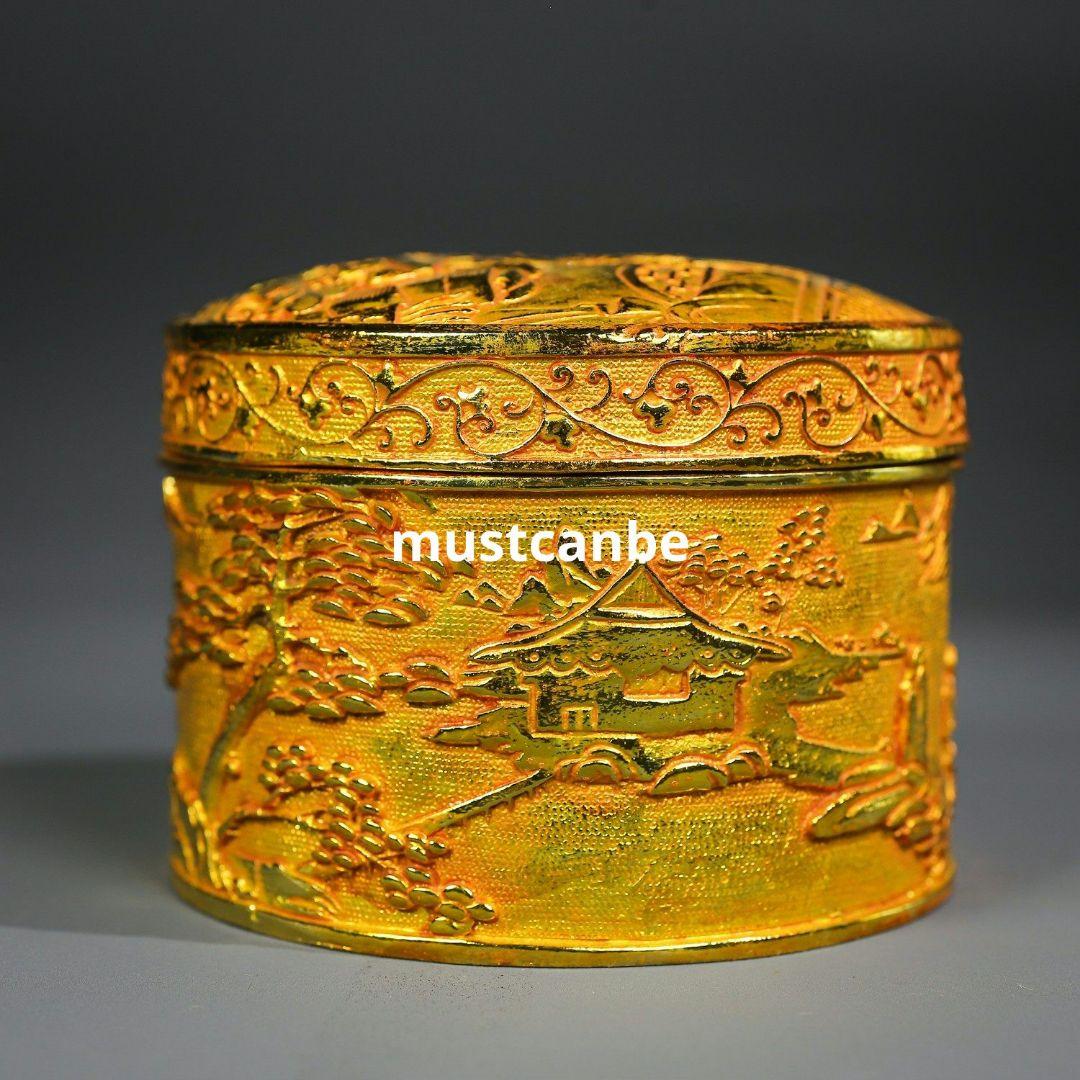 鏨刻百子図飾盒 粉函 墨盒 文房具 金属工芸品 置物