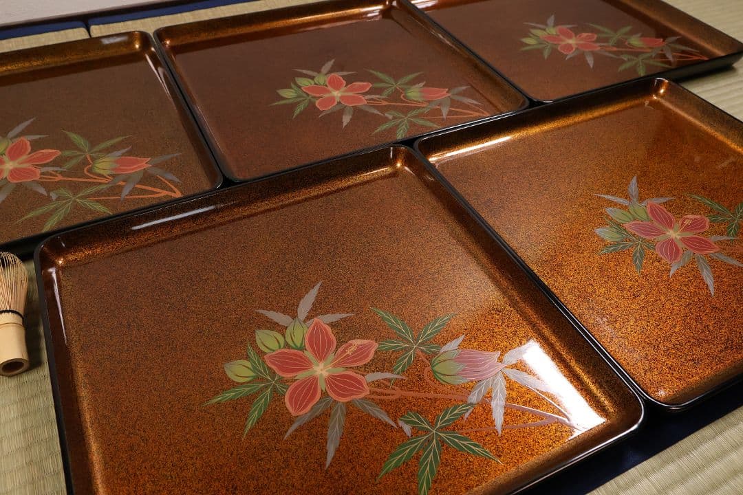 輪島塗 木製 花の蒔絵 梨地 四方膳 五客 芙蓉 木槿 卓上 茶懐石【CM187