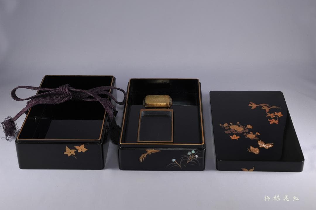 桃舟 鳳凰花蝶蒔絵 納戸硯箱 共箱