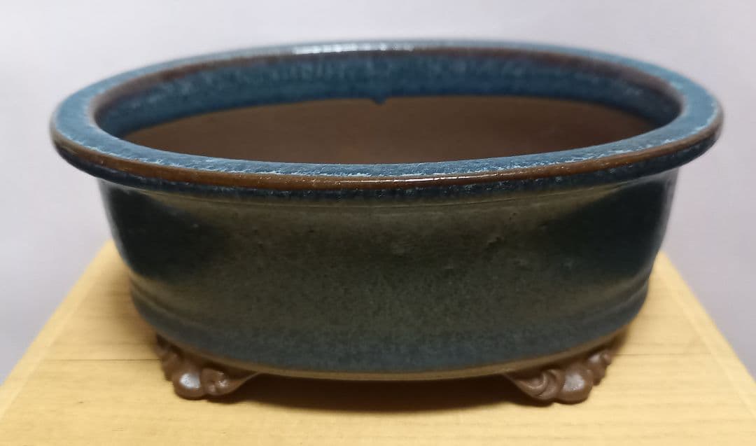 藍色釉薬楕円形雲足の陶翠作小品盆栽鉢‼️