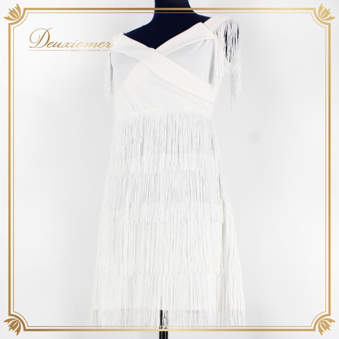 【美品 社交ダンス衣装】ワンピース ドレス ラテン 白 ホワイト フリンジ 無地