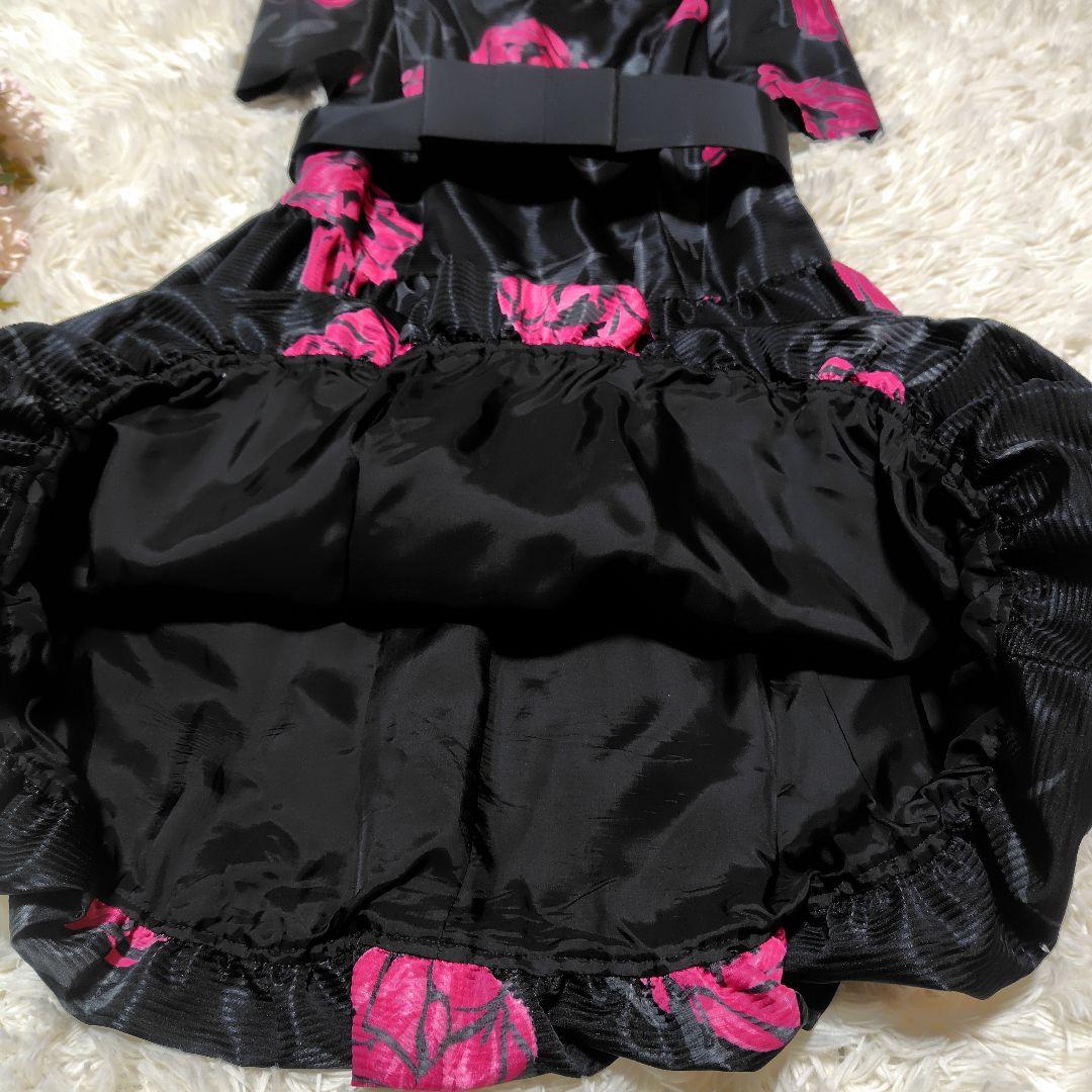 【美品♡ふんわりバルーン】エムズグレイシー　ローズ×リボンベルトワンピース　黒