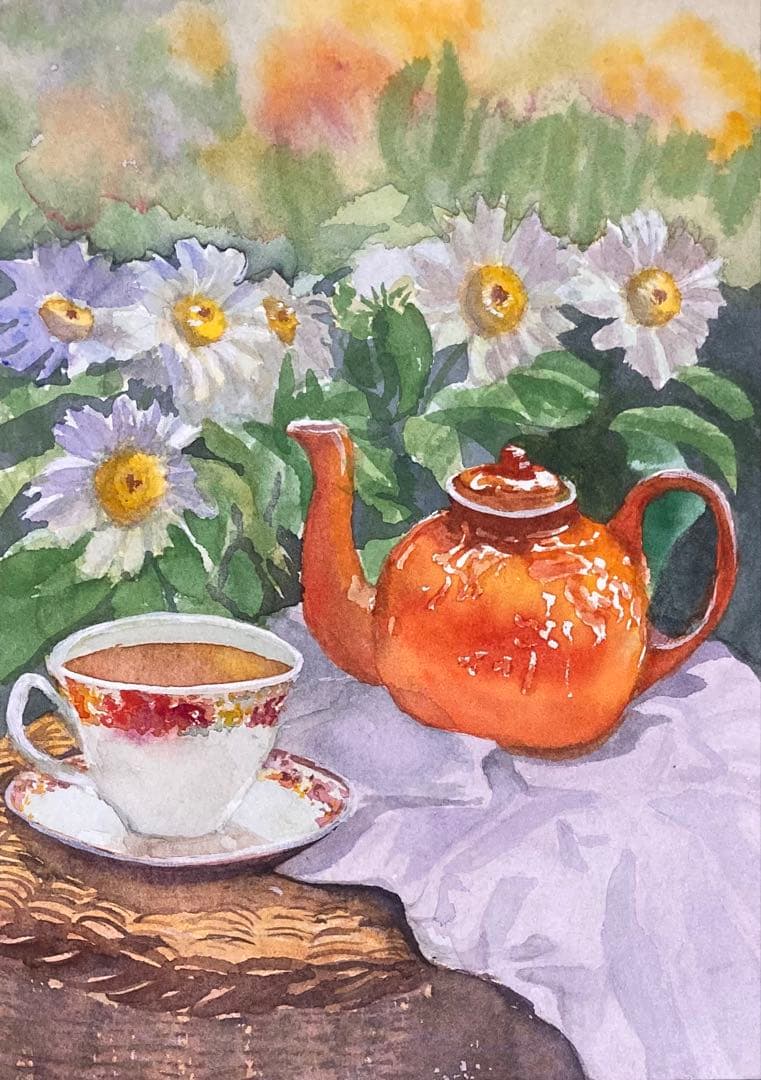午後のティータイム　マーガレットとポット　水彩画　原画
