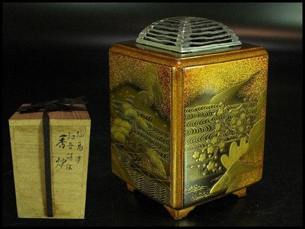 名品 輪島塗 初音蒔絵 香炉 純銀 火屋 美品(Ｋ-YC574)