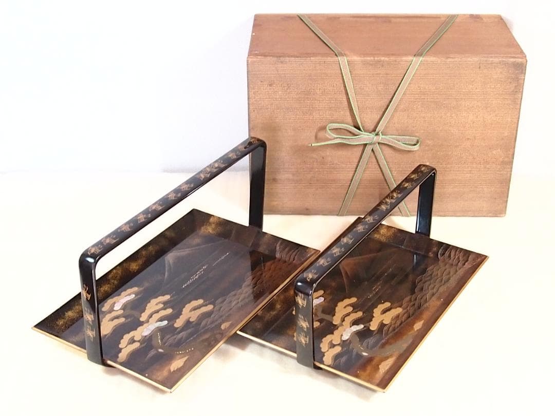 【骨董・良品】山水蒔絵 手付き盆 大小2点 三保の松原の図 古道具 検:輪島塗