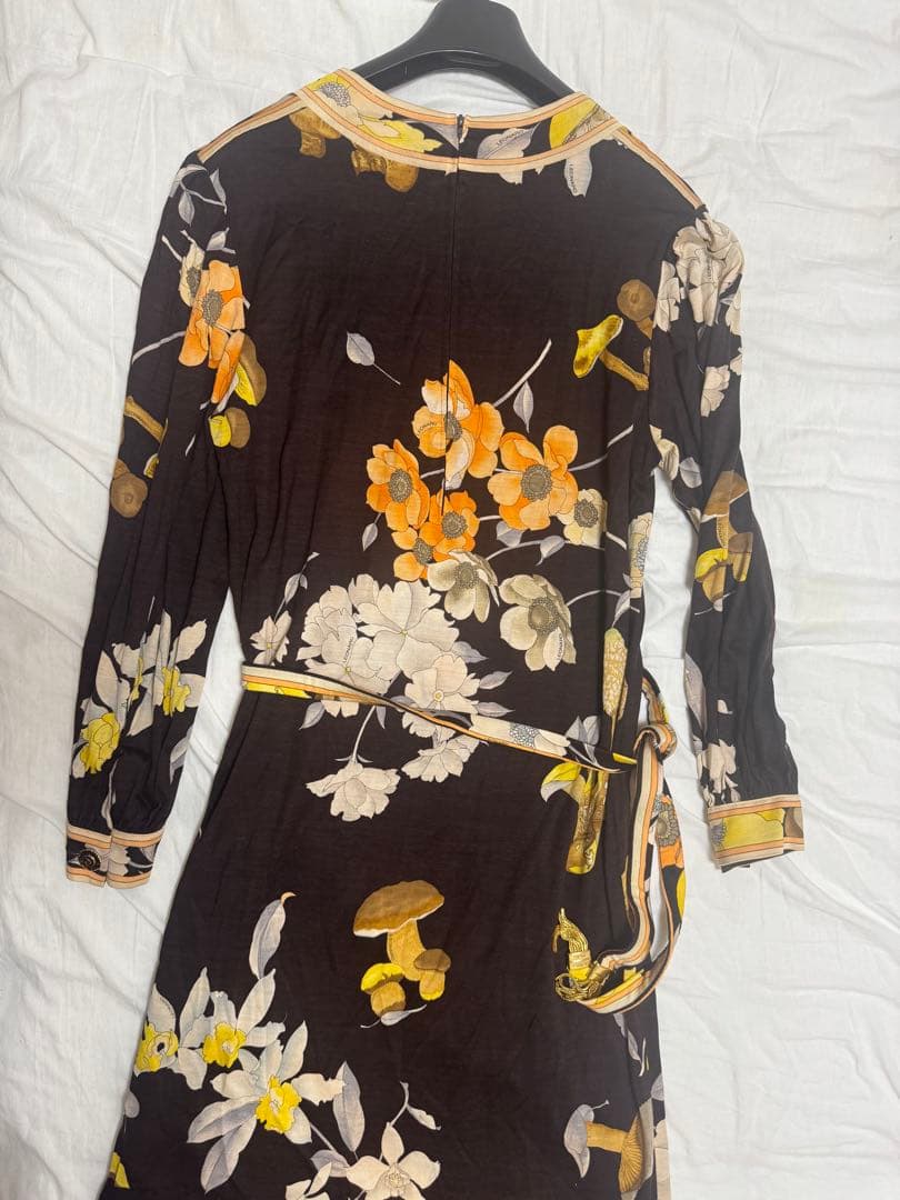 LEONARD 花柄長袖ワンピース 膝丈 茶 美品