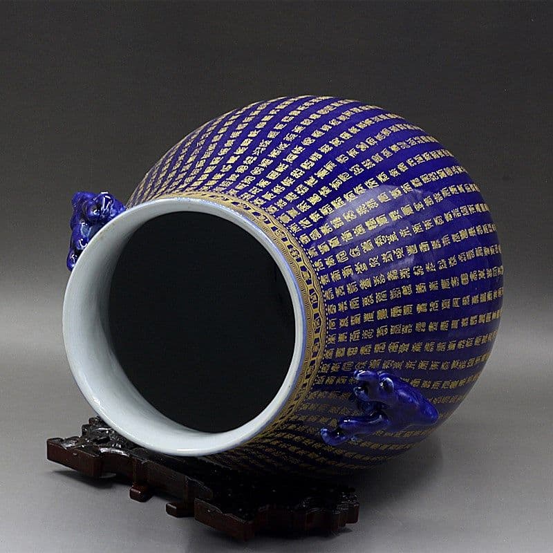 霽藍蒔金万寿鹿頭樽 景徳鎮 陶磁器 装飾品 現代工芸品 美術品 置物