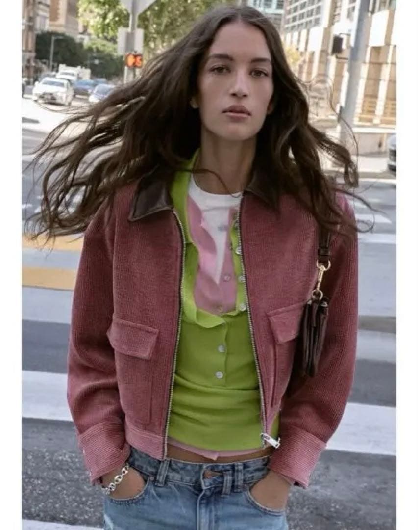 タグ付き新品★ZARAのコーデュロイフェイクレザー襟ジャケット★M★マルサラ色