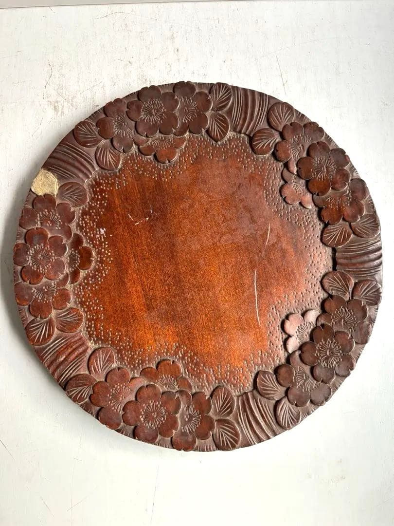 754 ヴィンテージ 軽井沢彫 桜彫 丸盆 大阪屋家具店 金継ぎ 民芸 工芸