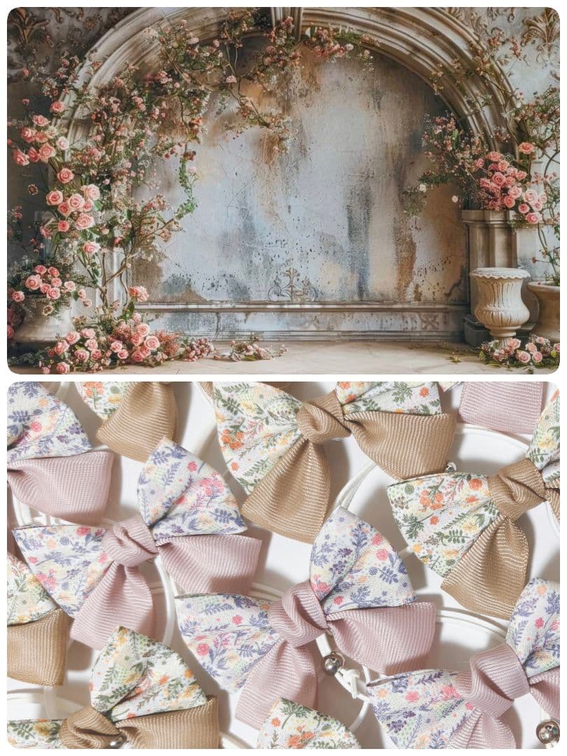 秋色花柄リボン90個　くすみカラー　業務用トリミングチョーカー　ピンク、ベージュ