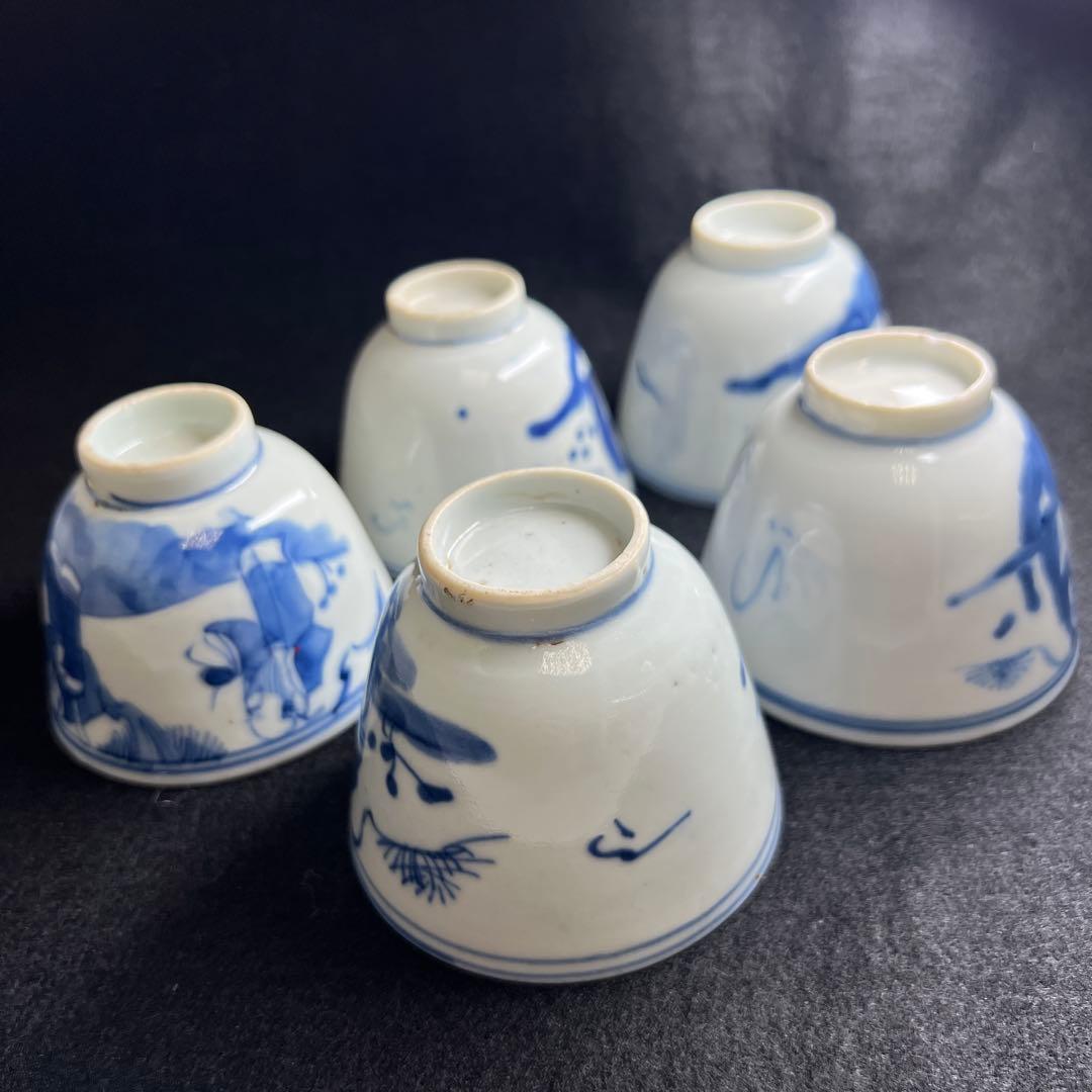 中国清時代　青花人物画煎茶碗5客　口径約7㎝　東Y8-0205☆2Fトヒカ