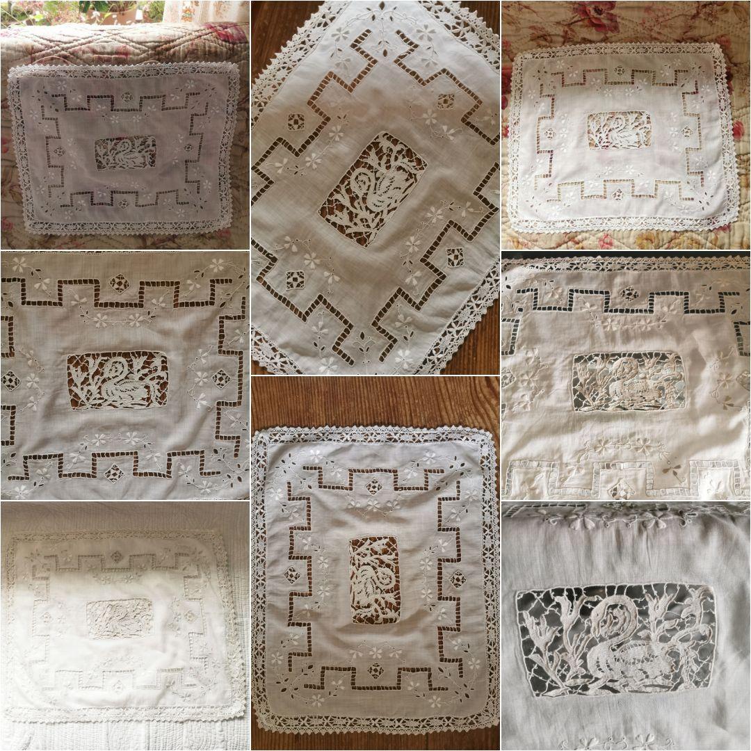 アンティーク 花咲く水辺の白鳥 オープンワーク アイレット花刺繍 レースパネル