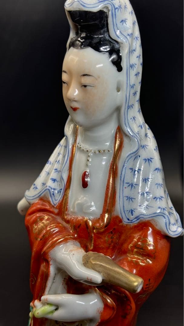 004 中国美術 色絵陶人形 高さ25cm 置物 オブジェ 古董品 觀音像