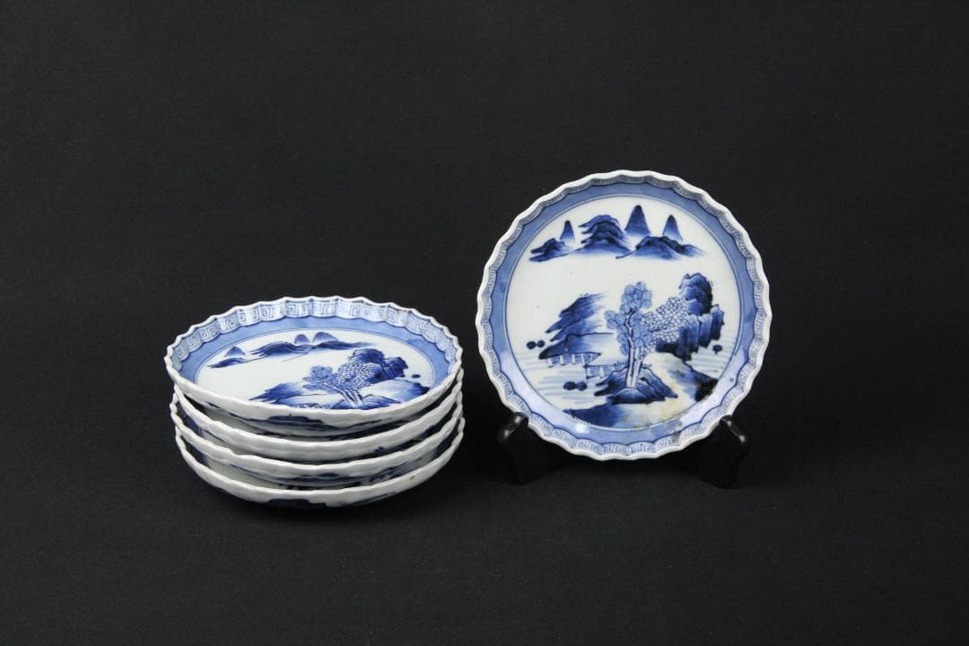 古伊万里 染付 山水図 五枚組 小皿 菓子皿 風景絵 江戸～明治期 Eo21-5