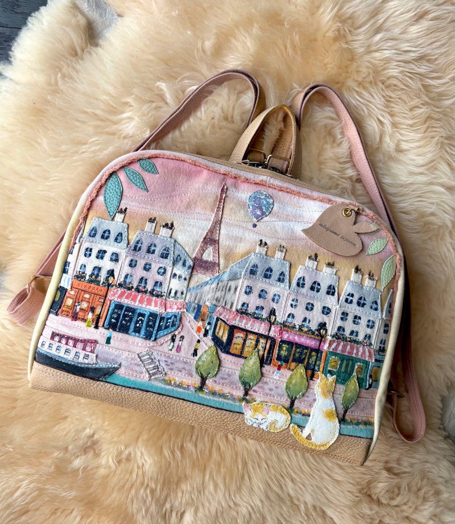 (手づくり)\"ピンクのエッフェル塔\"アップリケ切り絵パリの街並みリュックサック