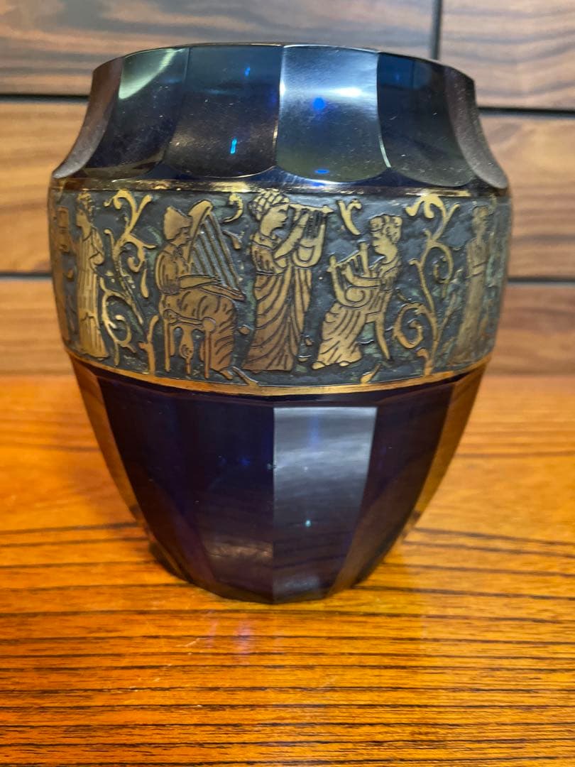 オールドモーゼル　花瓶　クリスタルガラス　金彩パチネ　コバルトブルー