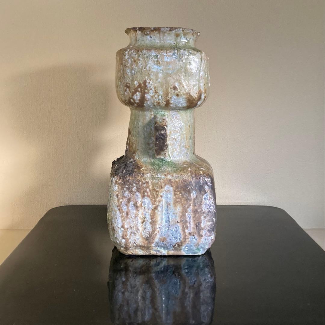 信楽焼 伊賀焼 谷清右衛門造 伊賀花入 耳付花入 花器 茶道具 共箱 共布