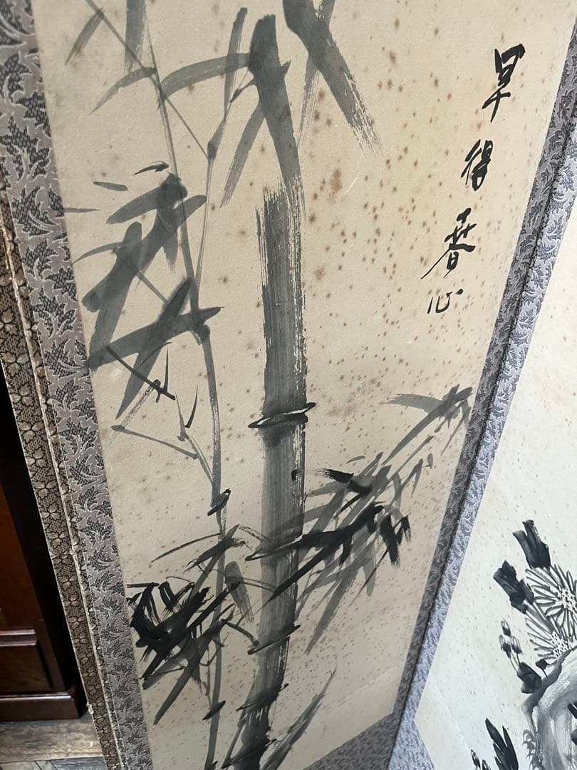 中国屏風 刺繍 雲林山房一修 四季山水 インテリア アンティーク