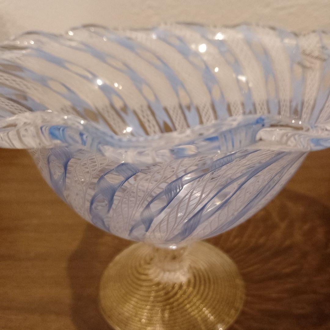 ベネチアンガラス　ムラノ　MURANO　コンポート　水色　レース　インテリア
