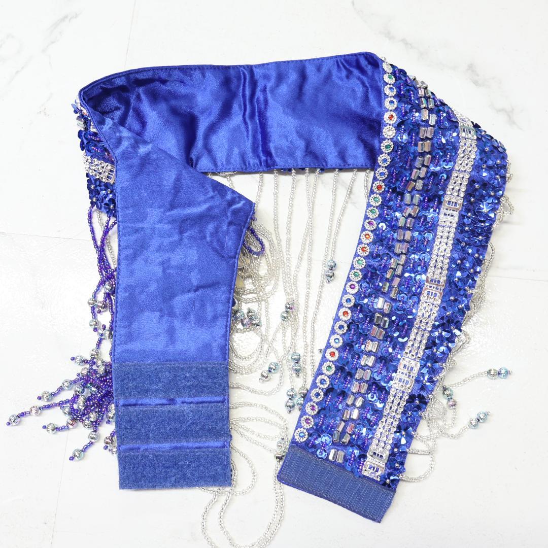 【ベリーダンス用 オリエンタル衣装】ブルー ラメ多数付き パープル 花 青 紫