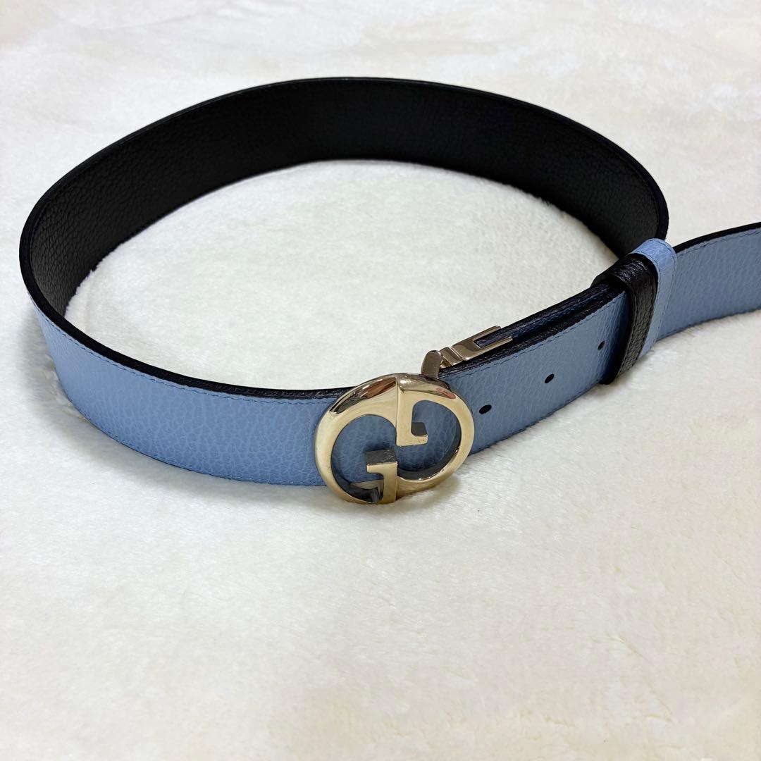 【Whiteboo!!】GUCCI リバーシブルベルト レザー 黒×水色