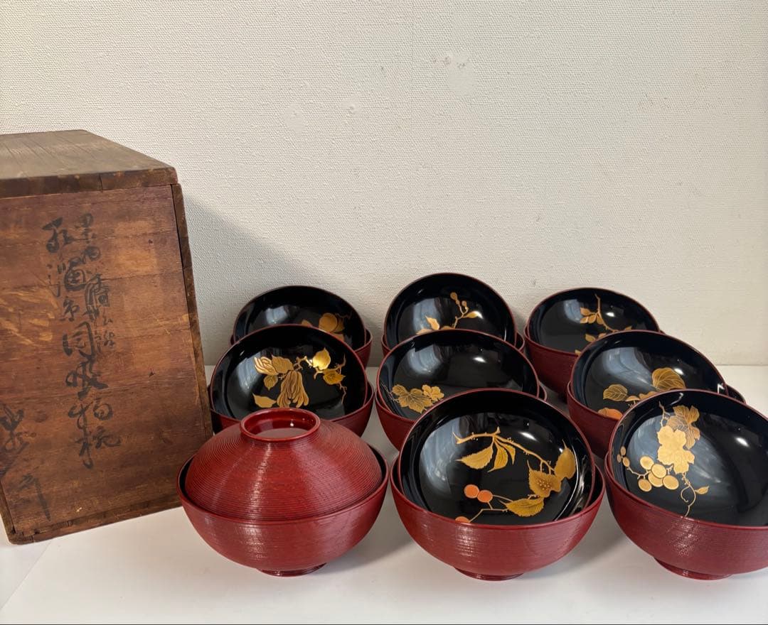 時代漆器　京都　蒔絵師　長野横笛　吸物椀　絵替　9客　共箱